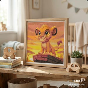 May include: A framed cross-stitch of Simba from The Lion King. The artwork depicts a smiling lion cub on a rock, set against a sunset. The frame is light wood. The image is displayed on a wooden table.