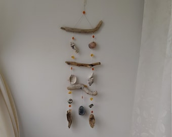 Mobile wind chime made from driftwood and shells, interior wind chime, shell curtain singing decor, boho style wind chimes for your home.