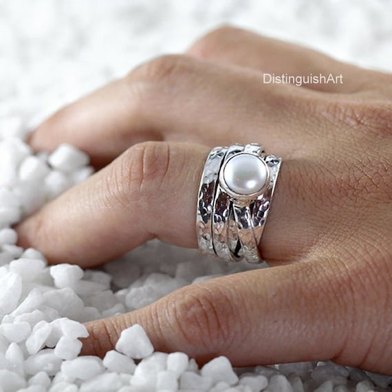Gift For Her Boho Ring Wing Pearl Ring Coctail Ring Armenian Silver Ring Sterling Silver Pearl Statement Ring