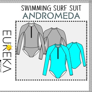May include: A colorful long-sleeved swimsuit with a zipper in the front. The swimsuit is shown on a model. The image also shows a line drawing of the swimsuit in three different colors: gray, turquoise, and blue.