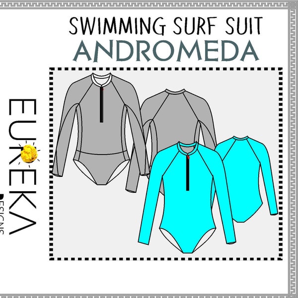 Surf SwimmingTemplate Long Sleeve Suit PDF Patterns 0 -30 USA Size A0 A4 Letter Pdf Sewing Patterns Beginner Friendly Easy Sew Swimsuit PDF