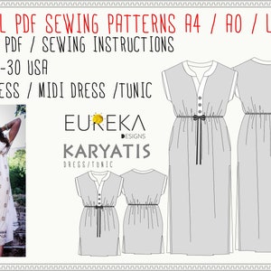 Könnte beinhalten: Digitale PDF-Schnittmuster für ein Maxikleid, ein Midikleid oder eine Tunika. Das Schnittmuster enthält geschichtete PDF-Dateien und Nähanleitungen. Größen 0-30. Das Bild zeigt ein graues Kleid mit einer Schleife in der Taille und ein weißes Kleid mit einem Blumenmuster.