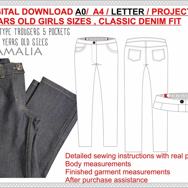 Girl Jeans Denim Trousers PDF Digital Pattern Projector A0 A4 Letter Sewing instructions detailed pattern Sizes 1-12 years old Girls Trouser