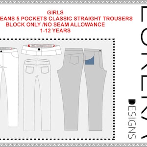 Modelo PDF de jeans para meninas, instruções de costura, calças de 5 bolsos, padrões de impressão A4/CARTA/A0, sem margem de costura, crianças de 1 a 12 anos