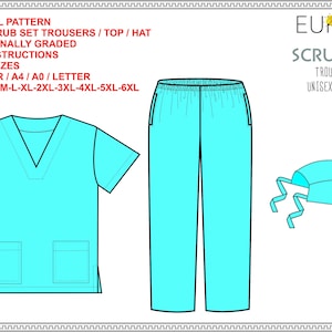 Scrub Set Top Broek Hoed Uniform PDF Digitale naaipatronen Projectorbestand Afdrukbestanden