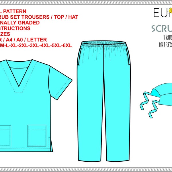 Scrub Set Top Trousers Hat Uniform PDF Digital Sewing Patterns Projector File Print Files