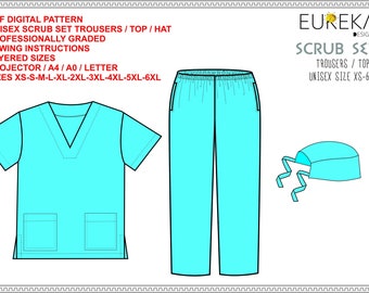 Scrub Set Top Trousers Hat Uniform PDF Digital Sewing Patterns Projector File Print Files