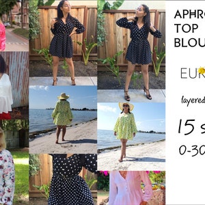 May include: A collage of women's tops and dresses in various styles and colors. The image includes the text "APHRODITE TOP BLOUSE" and "EUREKA DESIGNS". The sizes range from 0-30 USA. The tops and dresses are layered by size.