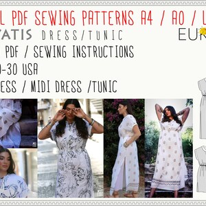 May include: Digital PDF sewing patterns for a maxi or midi dress or tunic in sizes 0-30 US. The pattern includes layered PDF files and sewing instructions. The image shows a white dress with a floral print and a gray dress with a simple design.