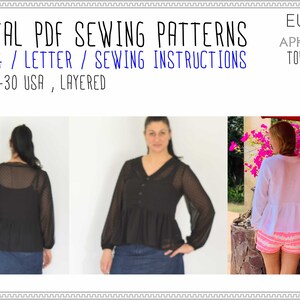 May include: Digital PDF sewing patterns for the Aphrodite top/tunic. The image shows three views of the garment. The text includes sizes 0-30 USA and sewing instructions. The top has long sleeves and a peplum.
