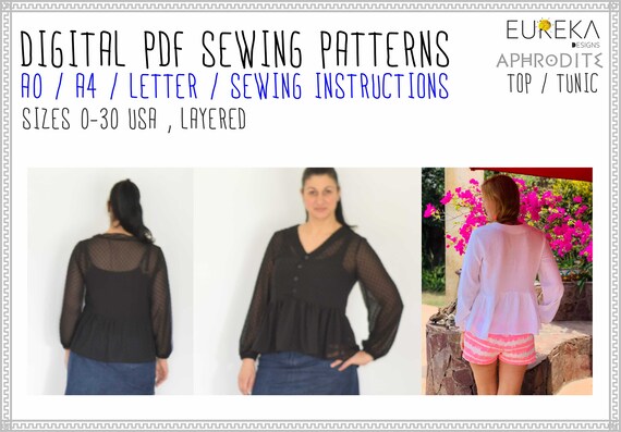Aphrodite Top Blouse, Blouse Tunic Template PDF Patterns, A0 A4 Letter Projector sewing instructions USA 0-30 sizes