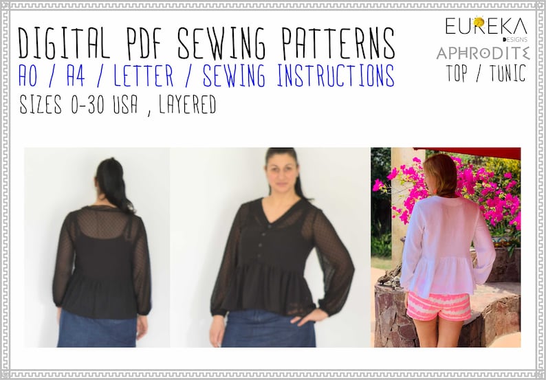 May include: Digital PDF sewing patterns for the Aphrodite top/tunic. The image shows three views of the garment. The text includes sizes 0-30 USA and sewing instructions. The top has long sleeves and a peplum.