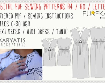 Karyatis Dress Maxi Day Summer dress With Pockets PDF Patterns A0/A4/Letter Format Instant download Sises 0-30 USA Full Sewing Instructions