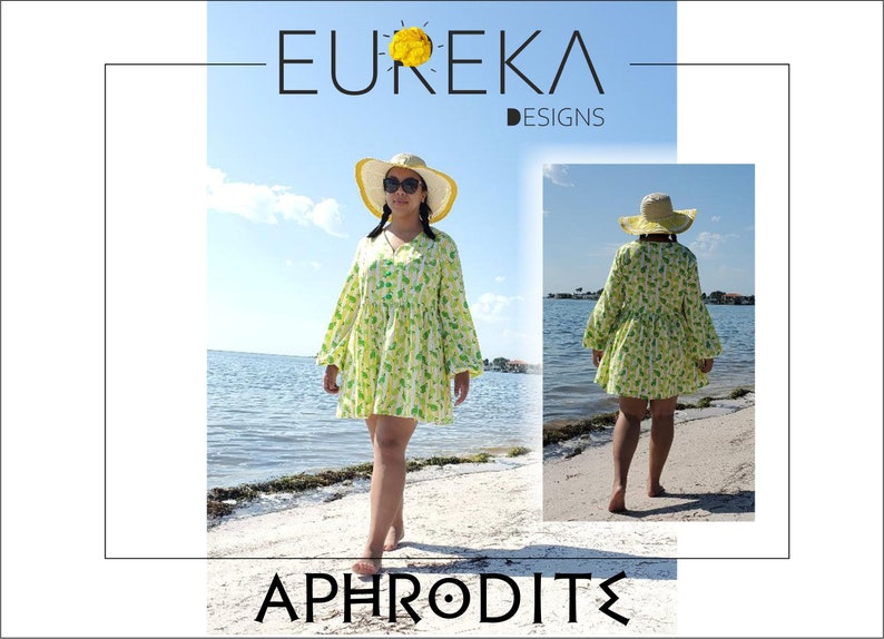May include: A woman's beach cover-up dress with a V-neck and long sleeves, in a light green and white pattern. The dress is paired with a straw hat with a yellow brim. The image includes the text "EUREKA DESIGNS" and "APHRODITE".