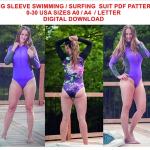 Swimsuit PDF Template Swim Surf Long Sleeve Body Suit PDF Patterns 0-30 USA Size A0 A4 Letter Sewing Patterns Beginner, Easy Sew Swimsuit