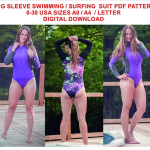 May include: Three women wearing long-sleeved, purple and black one-piece swimsuits. The swimsuits have a zipper in the front. The women are standing on a wooden deck. The text "LONG SLEEVE SWIMMING/SURFING SUIT PDF PATTERNS 0-30 USA SIZES A0/A4/LETTER DIGITAL DOWNLOAD" is at the top of the image.