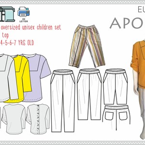 May include: A technical drawing of a children's clothing set. The set includes a long-sleeved shirt in yellow, white, and purple, and a pair of pants in white and striped fabric. The drawing includes the text "Run and play oversized unisex children set Trousers and top SIZES 1-2-3-4-5-6-7 YRS OLD" and "EUREKA DESIGNS APOLLO".