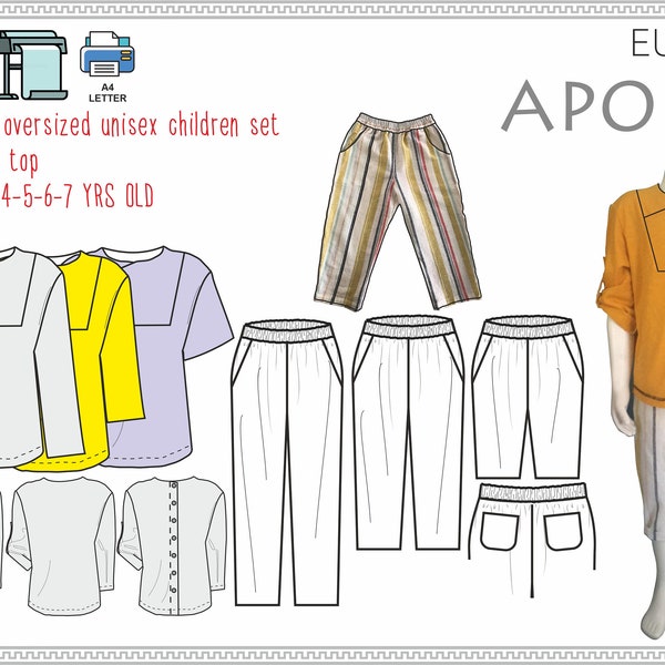 Trousers and Top back button up option  oversized Unisex Children PDF Sewing Patterns 1-7 Sizes