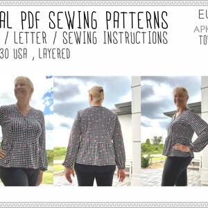 May include: Digital PDF sewing pattern for an Aphrodite top or tunic. The image shows a woman wearing the finished product. The top is black and white checkered with pink accents. The pattern includes sizes 0-30 USA and sewing instructions.