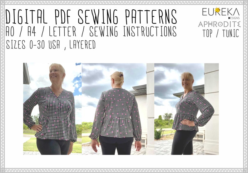 May include: Digital PDF sewing pattern for an Aphrodite top or tunic. The image shows a woman wearing the finished product. The top is black and white checkered with pink accents. The pattern includes sizes 0-30 USA and sewing instructions.