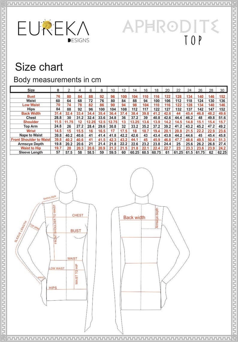 May include: A size chart for the "Aphrodite Top" by Eureka Designs, with body measurements in centimeters. The chart includes bust, waist, hip, and sleeve length measurements, along with a diagram of a mannequin.