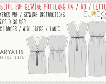 Maxi Dress Template, Day Summer dress With Pockets, PDF Digital Patterns  Sizes 0-30