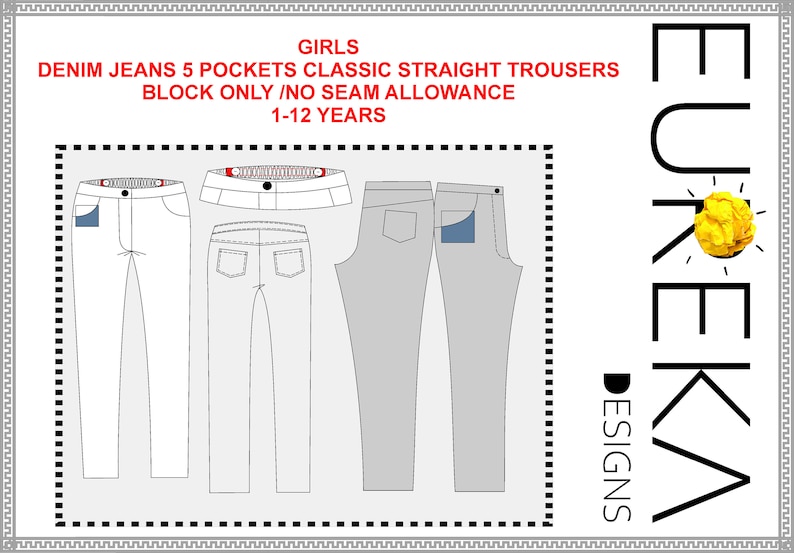 Girl Jeans Denim PDF Template, Sewing Instructions, 5 Pockets Trousers, A4/LETTER/A0 Print ...