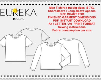 Oversized grote uniseks maten S tot 7XL T-shirt ronde hals lange mouw korte lange mouw PDF-patronen downloaden