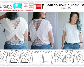 May include: A white top with a criss-cross back design and a lace panel. The top is shown on a model with a white top and a lace panel. The top is also shown in a line drawing with different sleeve lengths. The text "LORENA BACK X BAND TOP" and "SIZE XS-6XL" is visible in the image.