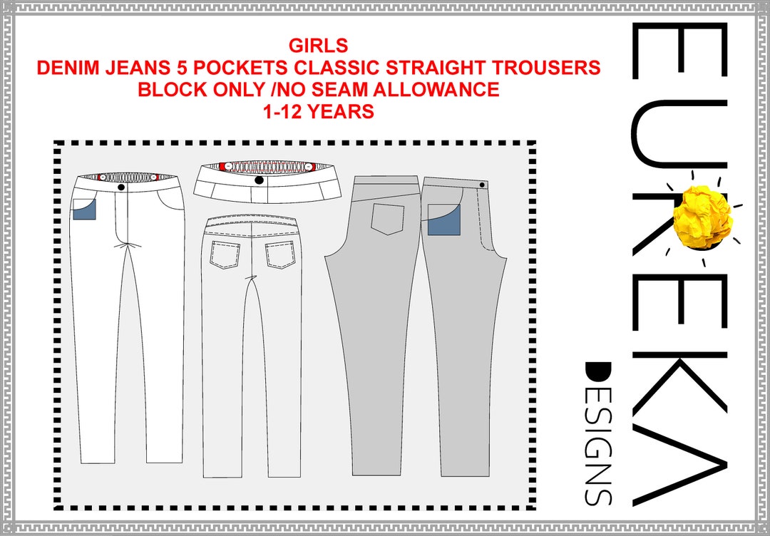 Jeans Denim Template Girls 5 Pockets Trousers Block PDF A4/LETTER/A0 ...