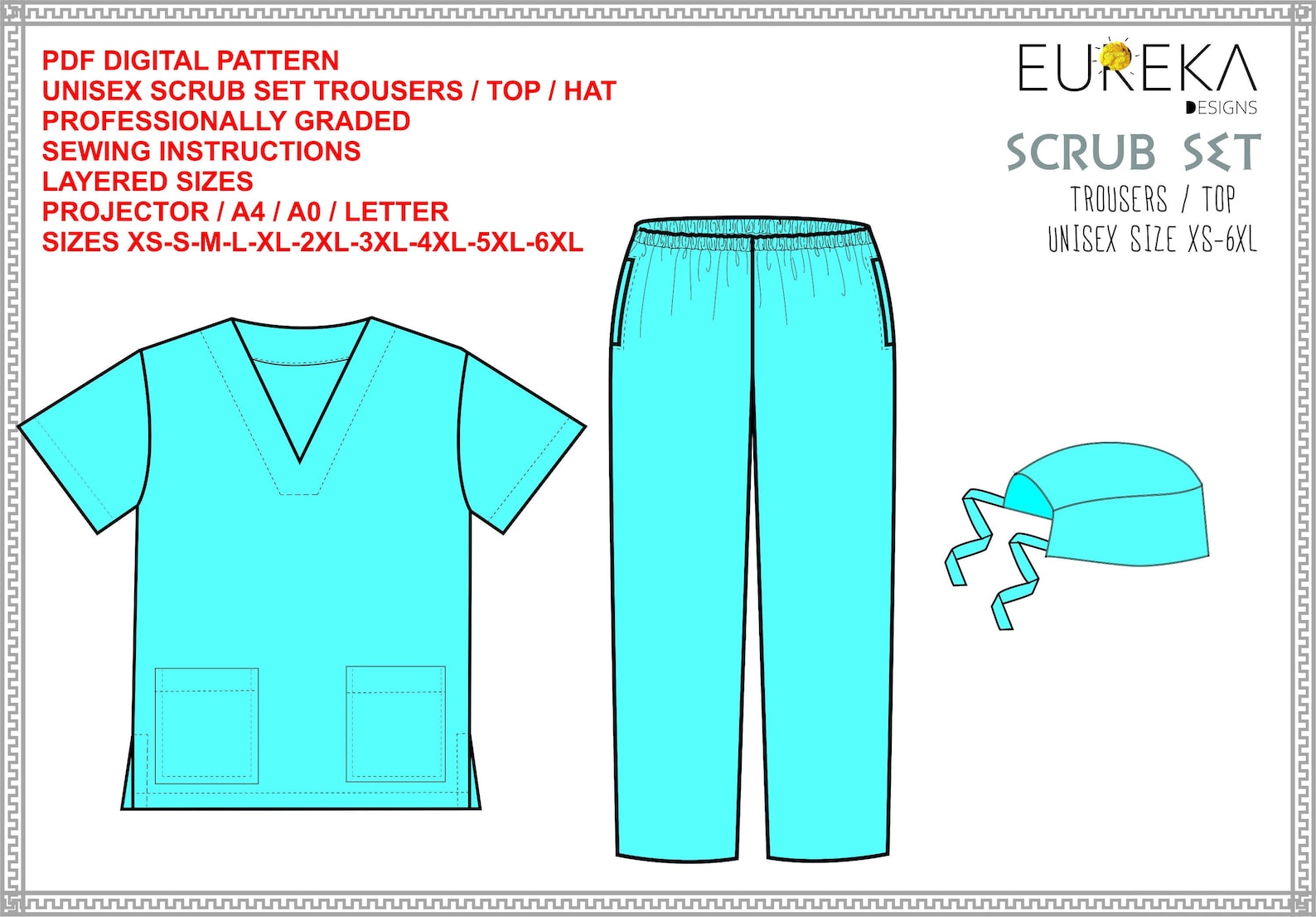 Scrub Set Top Trousers Hat Uniform PDF Digital Sewing Patterns ...