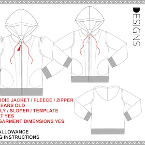Girls Hoodie Zipper Pockets Jacket 1year -12 Years Old Girl Sizes PDF Patterns DIY Project . Sloper Template Block No Sewing Instructions