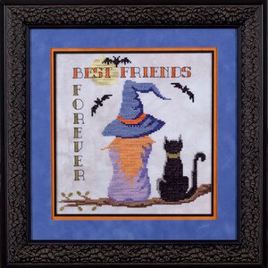Puede incluir: Patrón de punto de cruz con una bruja y un gato negro con el texto "Best Friends Forever".