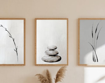 Japandi Wall Art Set of 3, Sumi Ink Branch Pebble Reed Prints, Digital Download