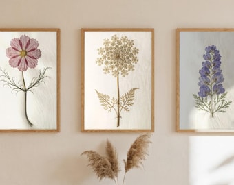 Pressed Flower Wall Art Set of 3, Herbarium Botanical Prints, Digital Download