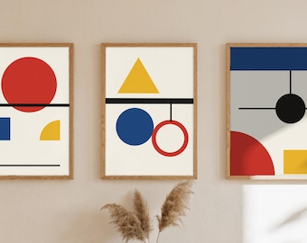 Bauhaus Wall Art Set of 3, Primary Colour Geometric Prints, Digital Download