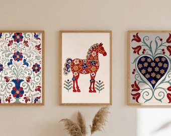 Scandinavian Folk Art Set of 3, Kurbits Flower Horse Heart Prints, Digital Download