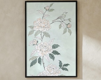 Chinoiserie Wall Art Set of 3, Celadon Panel Prints with Birds, Digital Download