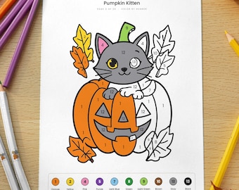 Halloween Color by Number Printable, 20 Kids Coloring Pages with Answer Keys