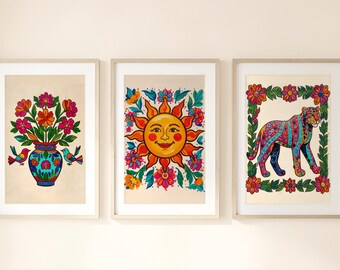 Mexican Folk Art Set of 3, Flower Vase, Sun and Jaguar Prints, Digital Download