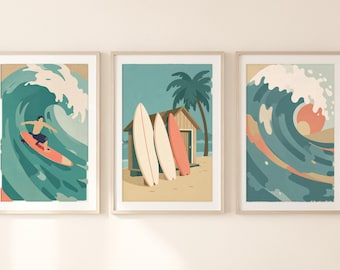 Surf Poster Set of 3, Retro Wave and Surfboard Wall Art, Printable Digital Download