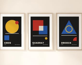 Bauhaus Poster Set of 3, Black Geometric Shape Prints, Printable Digital Download