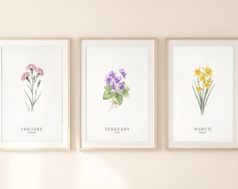 Birth Flower Print Set of 12, Watercolor Month Botanicals, Printable Digital Download
