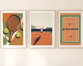 Tennis Wall Art Set of 3, Retro Clay Court Poster Prints, Printable Digital Download