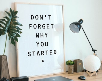 Don't Forget Why You Started, Motivational Wall Art, Devotional Quotes, Never Give Up, Office Quotes, Digital Prints, Printable Art