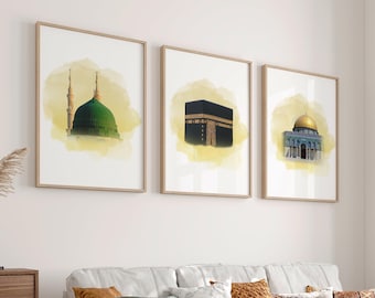 Islamic Wall Art, Mecca, Medina, Jerusalem | Mustard Yellow (3x Muslim Poster Set)