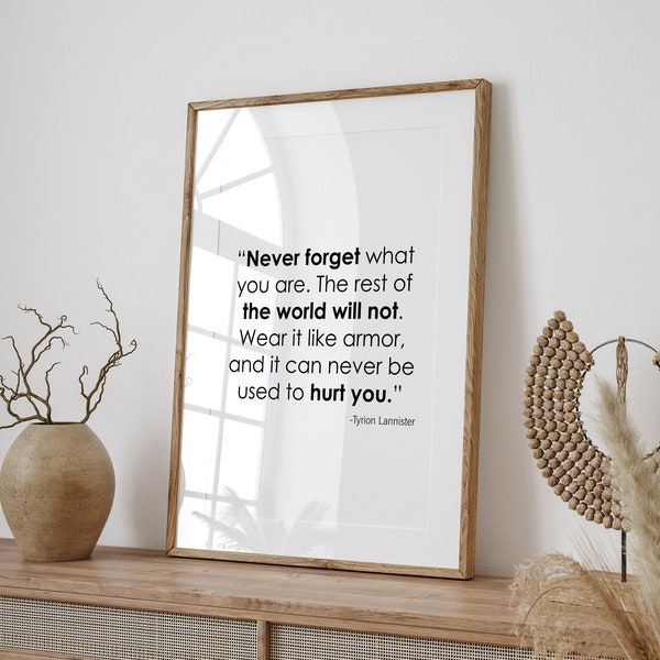 Never Forget What You Are, Game of Thrones, Tyrion Lannister Quote, Wise Words, Tv Show Quote, North Remembers, Typography Wall Art