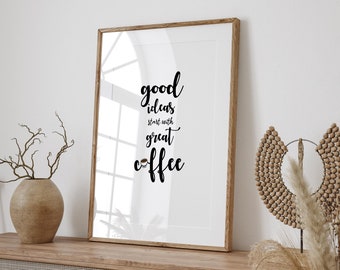 Coffee Quote Art Print – Aesthetic Kitchen Wall Art, &quot;Good Ideas Start with Great Coffee&quot;