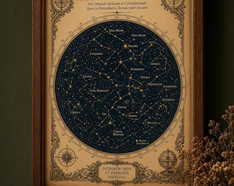 Vintage-Style Star Chart Print: Indigo and Gold Celestial Wall Art, Digital Download
