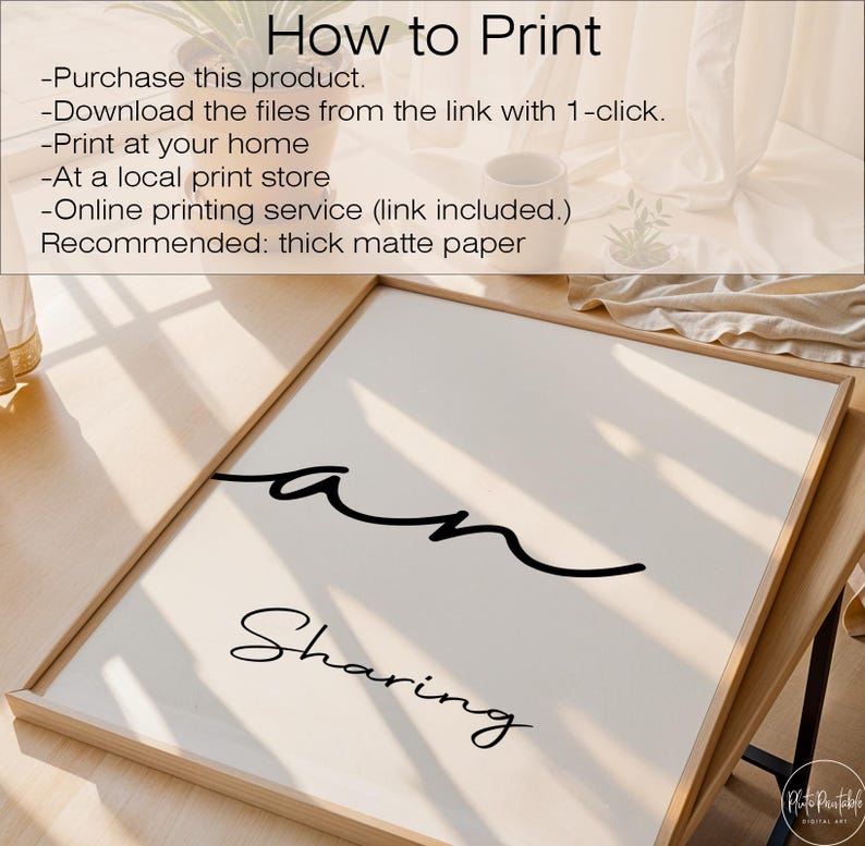 May include: A framed print with the words "an Sharing" in black script on a cream background. The frame is a light wood color. The top of the image has the text "How to Print".